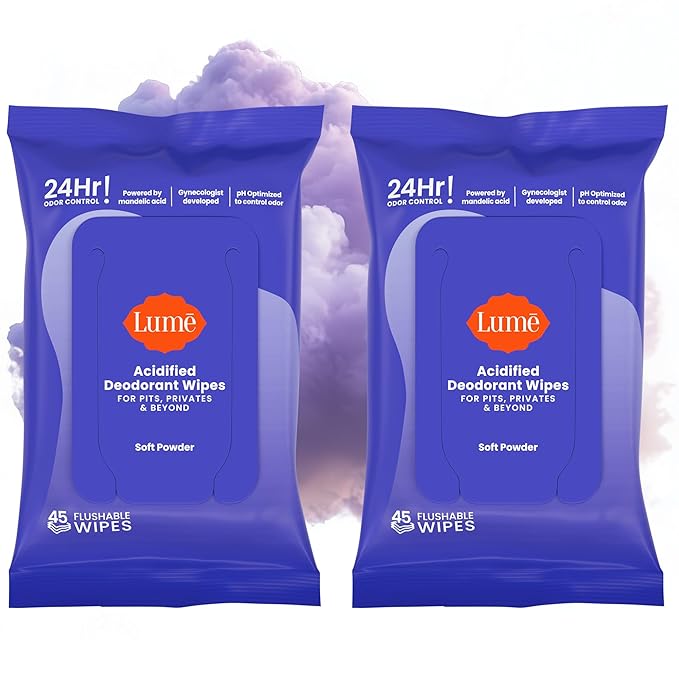 Lume Acidified Deodorant Wipes - 24 Hour Odor Control - Whole Body Deodorant Wipes - Aluminum Free, Baking Soda Free, Skin Loving - Flushable - 45 Count - 2 Pack (Soft Powder)