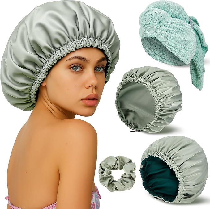 4 Pcs Microfiber Drying Hair Wrap Towels Reusable Waterproof Shower Cap with Elastic Band Adjustable Silk Hair Bonnet for Sleeping with Scrunchie for Women Christmas Favor Gifts(Green)