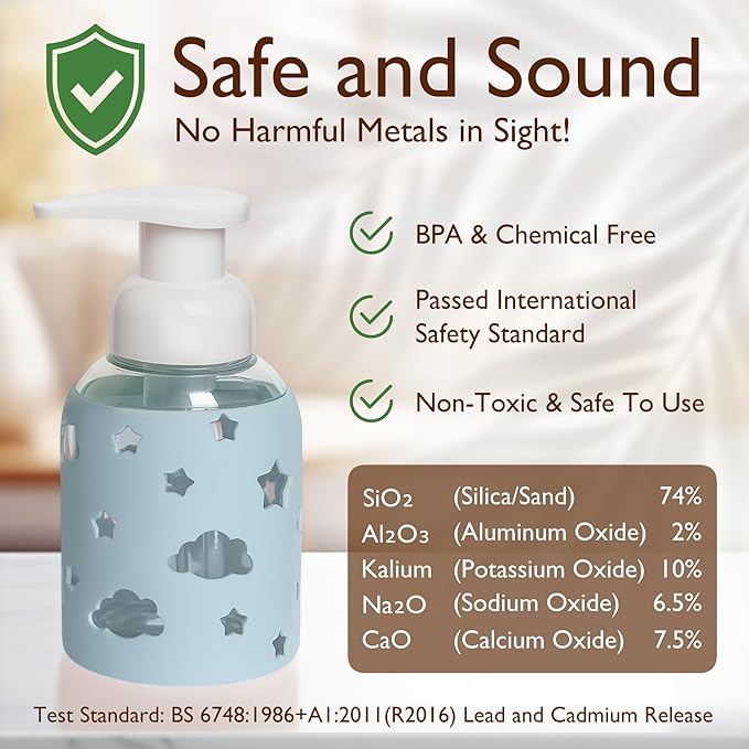 SoCal Suds & Company Foaming Hand Soap Dispenser Glass, Liquid Soap Pump with Cloud & Star Sleeve, Refillable Bottle for Kids, Baby Wash & Shampoo, Ideal for Bathroom & Kitchen Use, Light Blue, 8oz