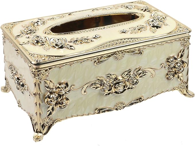 Geesatis Tissue Box Cover, Rectangle Tissue Box Holder, Rectangular Napkin Facial Tissues Holder for Bathroom Toilet Bedroom Living Room Table Desk Office Dresser, 1 Pcs Gold 9.5''x5.7''x4.9''