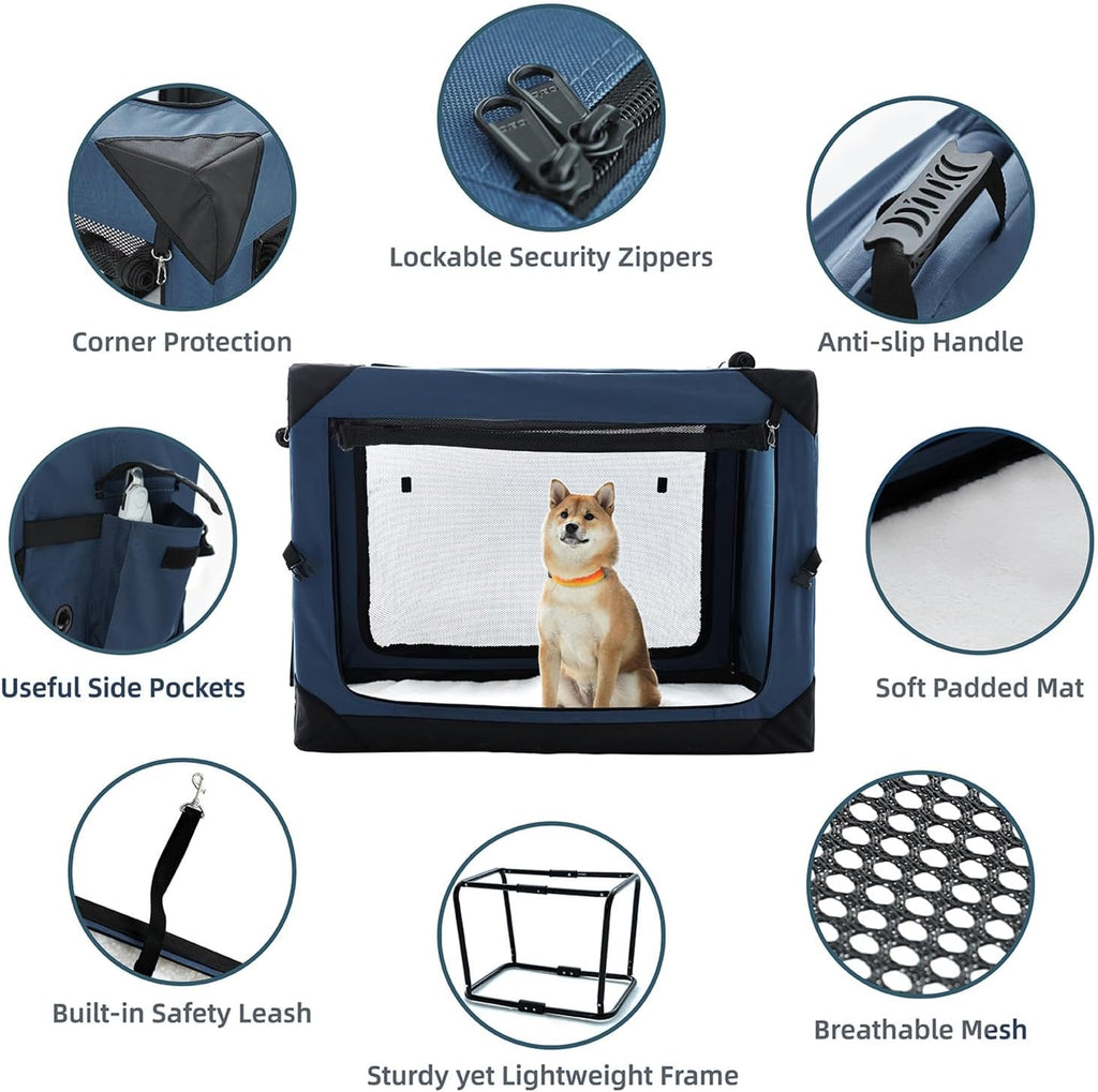 36 Inch Collapsible Crate for Large Dogs, 4-Door Foldable Soft Kennel with Chew Proof Mesh Windows for Indoor & Outdoor Travel,Navy Blue