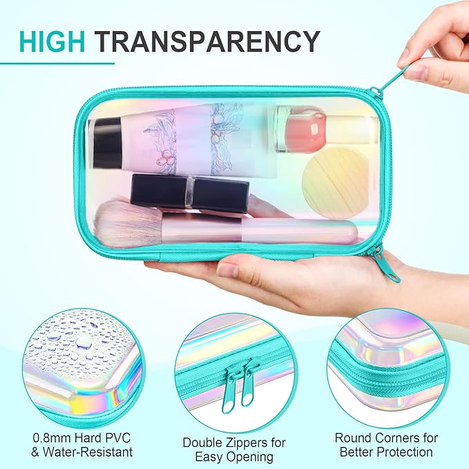 Hoolerry 4 Pcs Hard Clear Zipper Case Makeup Bags Plastic Zipper Pouch Transparent Storage Box Containers for Cosmetics, Snacks, Building Blocks, Puzzles(Clear,7.5 x 3.9 x 2 in,Blue Laser)