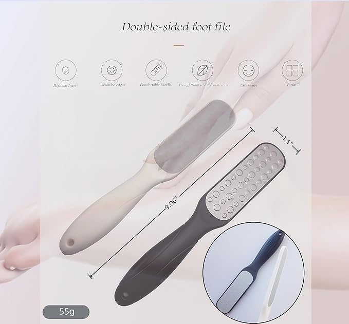 Dual-Sided Professional Pedicure Foot File - Stainless Steel Callus Remover for Hard Skin, Dry and Wet Use, Home or Salon Care, 2 Pack (White & Black)