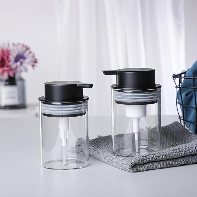 Clear Glass Foam Soap Dispenser, 10 Oz Hand Liquid Bottles with Rust Proof Plastic Pump, Refillable Round Foaming Lotion Dispensing for Kitchen Sink & Bathroom Counter Decorative