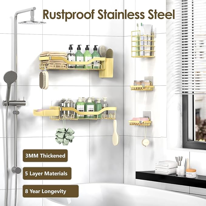 Shower Caddy Adhesive Shower Organizer 7-Pack, Rustproof Stainless Steel Bathroom Shelves, Large Capacity No-Drill Rack Storage Accessories with Soap Dish Toothbrush Holder Hooks