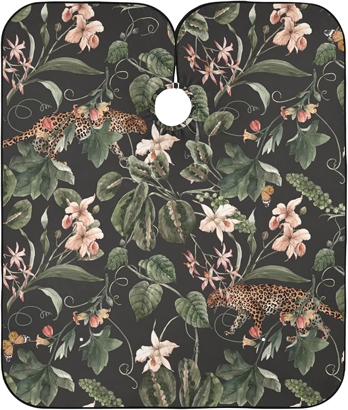 ALAZA Flower Green Leaves Butterfly Leopard Barber Cape for Men Women, Waterproof Haircut Apron Beard Shaving Bib Hair Cutting Cloth 55 x 65 Inch