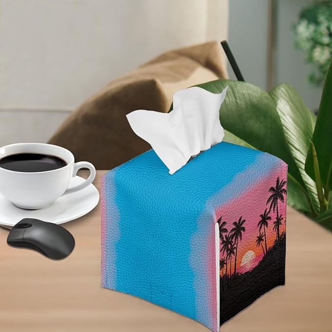 Sunset Tissue Box Holder Waterproof PU Leather Square Modern Tissue Box Cover with Metal Button Napkin Holder for Home Office Car