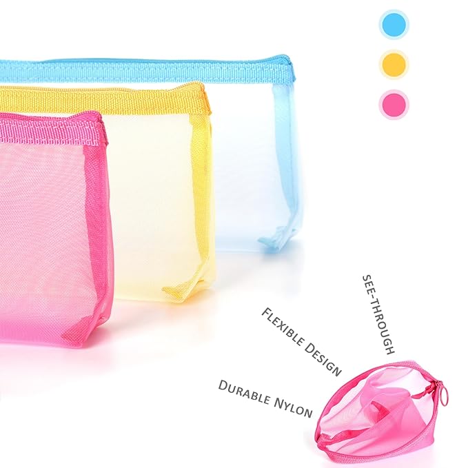 Patu Zipper Mesh Bags, Widened Long Case, 5 Pieces, Beauty Makeup Cosmetic Accessories Organizer, Travel Toiletry Kit Set Storage Pouch, Assorted Colors