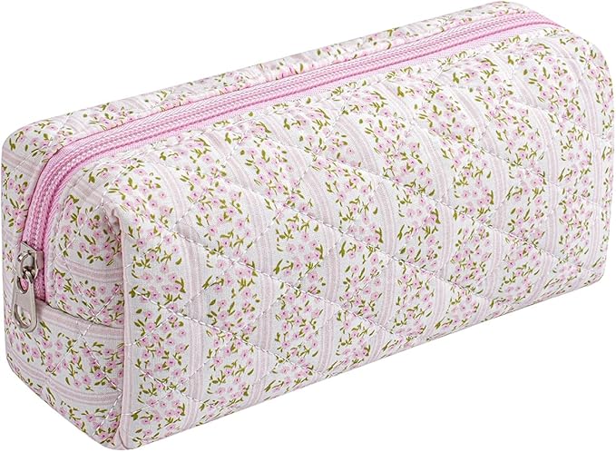 Cute Floral Makeup Brush Bag Small Cotton Quilted Cosmetic Bag for Women Travel Toiletry Zipper Make Up Pouch (Pink Floral)