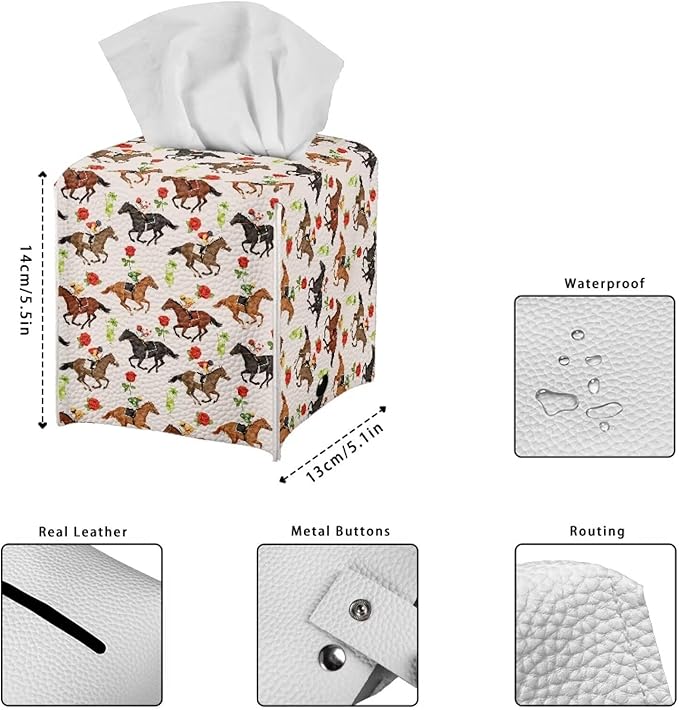 Racing Horse Flower Portable Tissue Box Holder, Lightweight PU Leather Square Tissue Cover with Metal Button, Easy Refill Waterproof Napkin Dispenser for Travel, Car, Office, and Bedroom