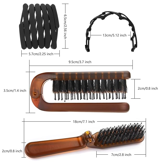 Aozzy 6Pcs Travel Folding Hair Brush With Retractable Pocket Band for Thin/Thick Hair, Boar Bristle Mini Brush for Women Any Hairstyle, Men's Hair/Beard, Great for Purse/Pocket