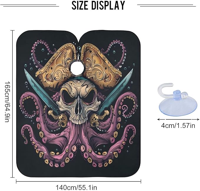 Hair Cutting Cape, Pctopus Skull Pirate Waterproof Salon Barber Apron Cape with Adjustable Neck, Beard Shaving Bib for Men Women Kids, 55x65 Inch