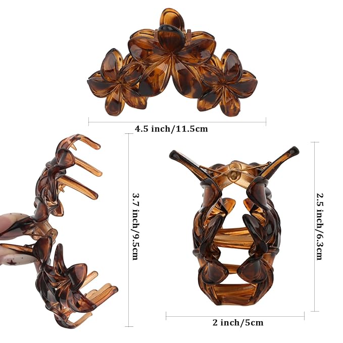 Flower Hair Clips, Tortoiseshell Brown Clear Black, Plastic, 4.5 inch, Hair Accessories Set