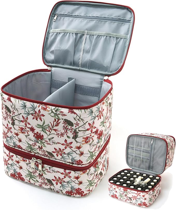 hibear Nail Supplies Organizer Nail Polish Storage Holds 30 BottlesNail Polish Storage Holds 30 Bottles Nail Kit Case Makeup Bag Vanity Case for Women (RED FLOR)