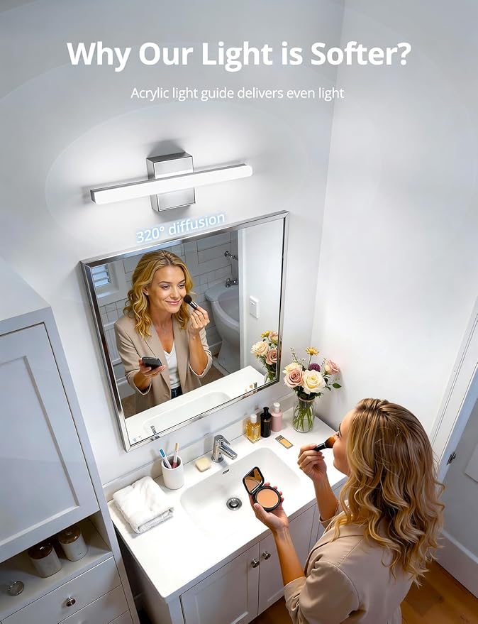 Combuh Modern Bathroom Light Fixtures Over Mirror, 16 Inch IP44 9W Chrome Vanity Light Bar for Bathroom, Wall Light Fixtures Cool White 6000K