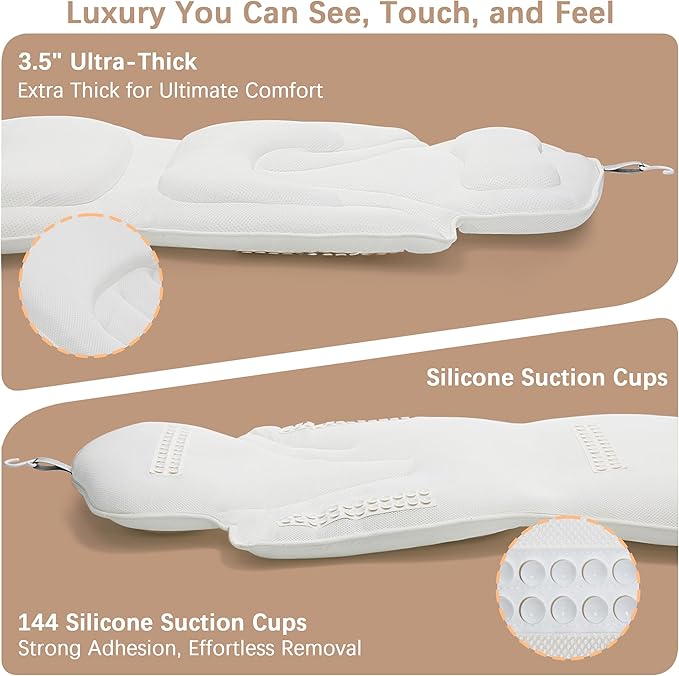 Ergonomic Full Body Bath Pillow for Bathtub, 5D Luxury Spa Cushion with 114 Non-Slip Suction Cups, Extra Long Thick Bath Pillow for Full Body Support, for Adult with Laundry Bag & Hook (Grey) (White)