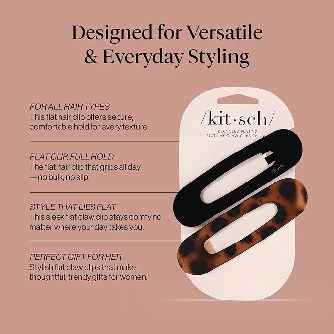 Kitsch Flat Hair Clips for Women - Strong Hold, No Slip Grip Flat Claw Clips For Secure and Comfortable Look | Durable Recycled Plastic Hair Accessories | Ideal Gifts for Women - Black & Tortoise, 2pc