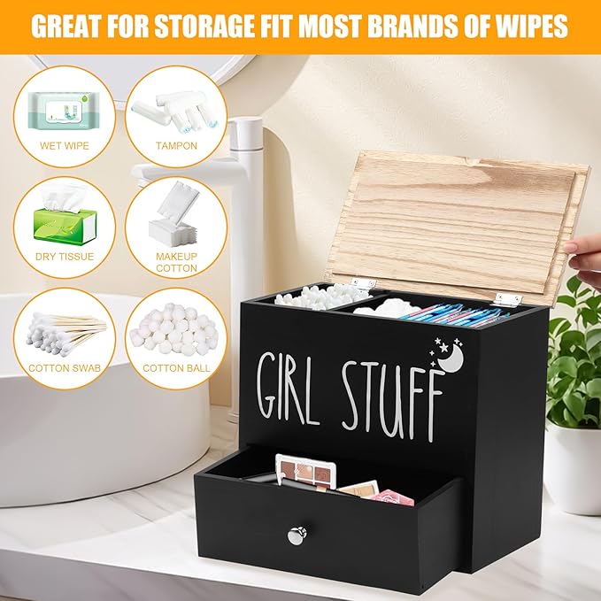 Tampon Holder for Bathroom, Feminine Product Organizer Pad Case with Lid, Pad and Tampon Organizer, Bathroom Accessories Box for Girl Stuff (Black with Drawers)