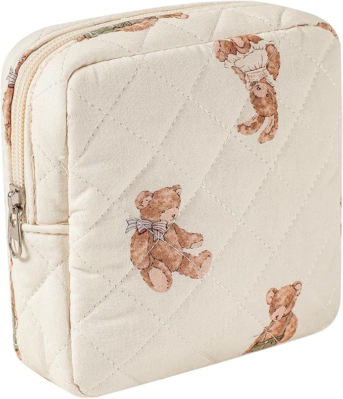 Small Quilted Cosmetic Pouch for Purse, Mini Cotton Makeup Bag with Compartments, Cute Zipper Lipstick Holder for Women (01Bear)