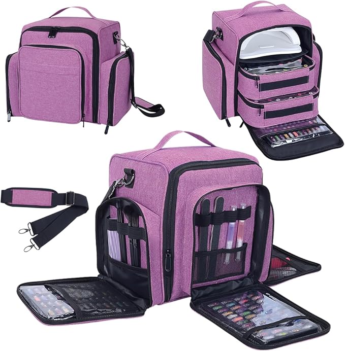 Nail Polish Organizer Holds 60 Bottles and a Nail Lamp,Portable Travel Case with 2 Removable Bags and Tools Storage Pockets Purple