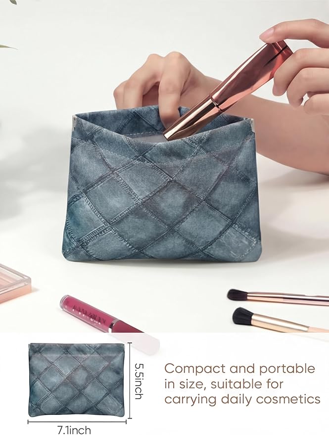 Denim Blue PU Leather Makeup Pouch Set for Women Small Checkered Make Up Bag for Purse Waterproof Initial Makeup Cosmetic Bags Pouches for Purse Aesthetic Travel Toiletry Bag,