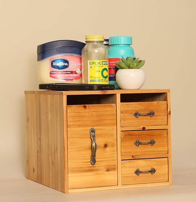 Rustic Beauty Organizer 4 Drawers - Wooden Cosmetic Storage Box for Neat & Home Office Desk &Organize &Storing of Makeup holder Tools,Bathroom Counter-top(Wood Color, L)