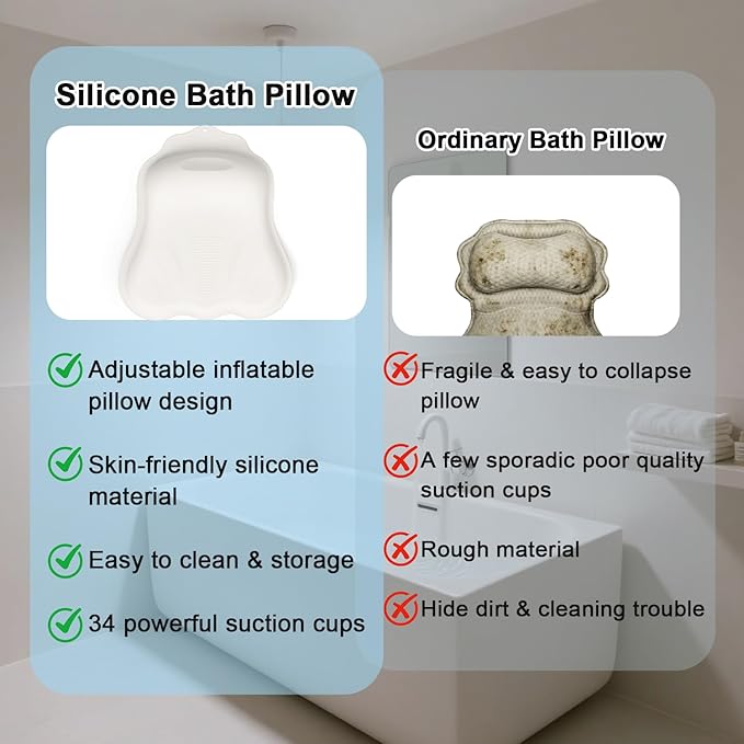Silicone Bath Pillow for Tub – Ergonomic Bathtub Headrest with Inflatable Air Cushion, Non-Slip Suction Cups & Neck/Back Support – Comfortable Spa Bath Accessory for Relaxation (Cream White)