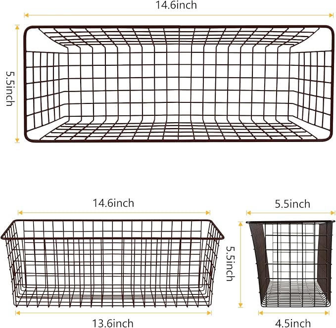 2 Sets Extra Large Hanging Wall Basket, Brown Metal Wire Baskets with Steel Hooks for Organizing, WallmountedFruit Vegetable Toy Snack Storage, Home Kitchen Bathroom Laundry Pantry Organizer