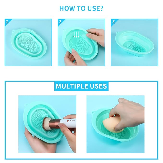 DUcare Foldable Silicone Makeup Brush Cleaner Bowl Portable Cleaning Tool for Brushes, Powder Puffs, and Sponges (Green)