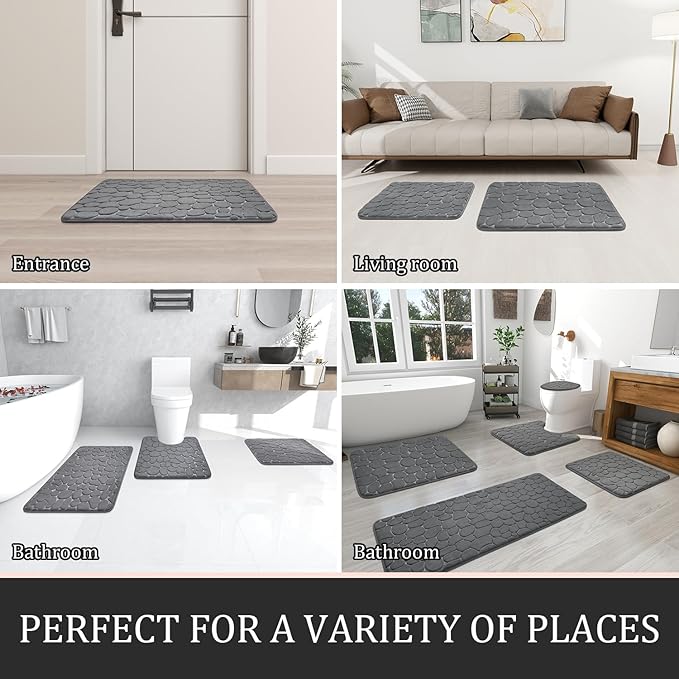 YIHOUSE Bathroom Rugs Mat Set 3 Piece Dark Grey, Memory Foam Bath Mats Sets, Non Slip Water Absorbent Washable Bath Rugs for Sink, Toilet and Floor