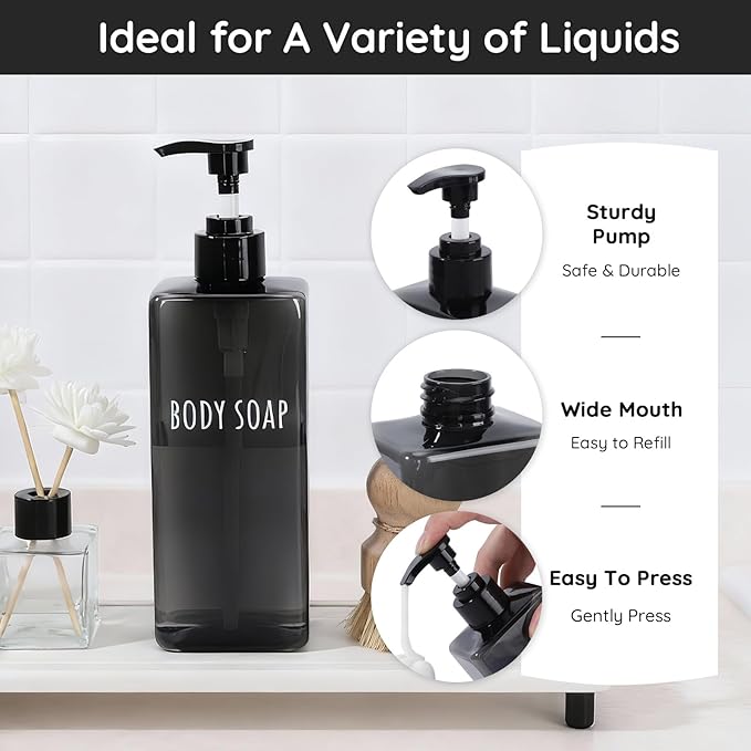 Segbeauty 16.9oz Black Shampoo and Conditioner Dispenser, 3pcs Refillable Plastic Empty Body Lotion Soap Dispenser Liquid Hand Gel Container for Bathroom, 500ml Pre-Printed Large Pump Bottles Kitchen