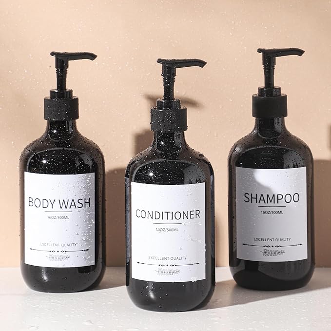 Stylish Shampoo Dispenser Bottles,(5Pack) 16.9oz Black Shampoo Bottles Refillable with Pump,Shampoo and Conditioner Dispenser