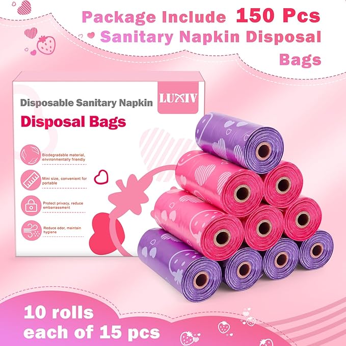 150Pcs Sanitary Napkin Disposal Bags, Luxiv Pink Disposable Sanitary Bag Personal Care Disposal for Tampons Trash Bag, Disposable Mini Bags for Women Privacy Handling Bag Diaper Sack (Pink+Purple)