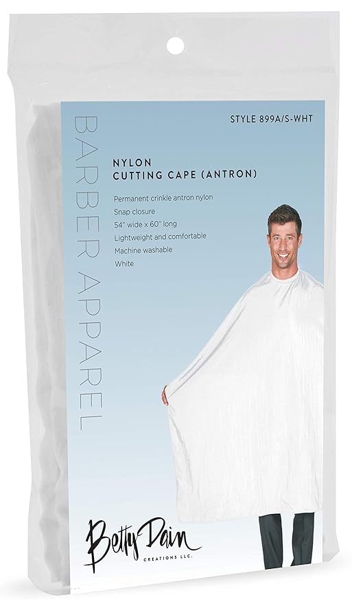Betty Dain Lightweight Crinkle Nylon Hair Cutting/Styling Cape, Water Resistant, Ultra Lightweight Crinkle Antron Nylon, Repels Hair, Neck Snap Closure, Generous 54 x 60 Inch Size, White