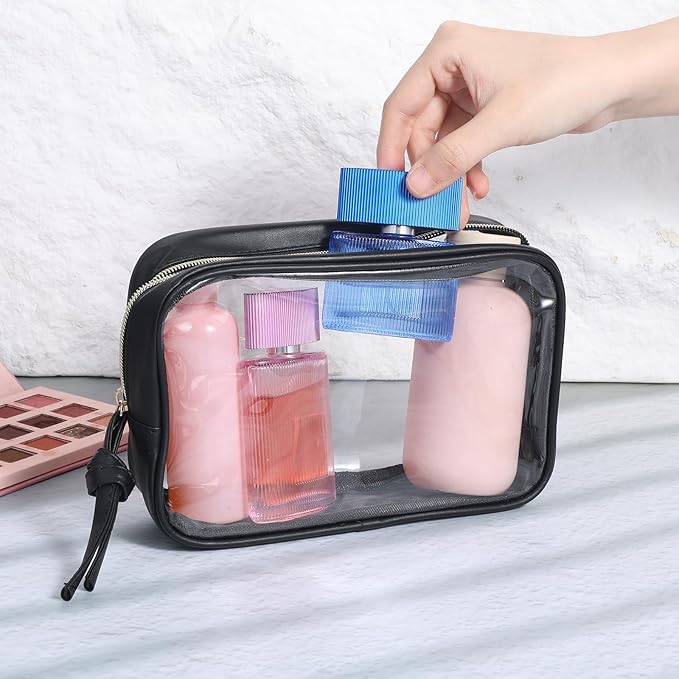 Clear Makeup Bag, PU Leather Small Toiletry Pouch Portable Travel Makeup Pouch Transparent Waterproof Cosmetic Organizer with Zipper for Women Home Travel Office Cosmetic Storage (Black)