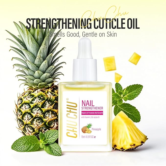 CHUCHU Nail Cuticle Oil Strengthener - Pineapple Scent Repair Growth Moisturizing Treatment - Natural Jojoba Vitamin B & E for Dry Cracked Nails