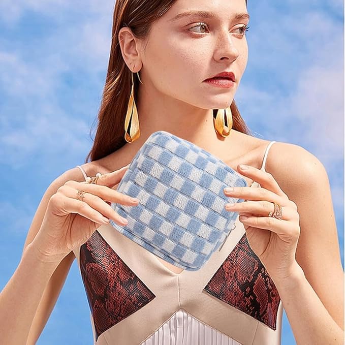 Small Blue Makeup Bag for Purse, Mini Checkered Cosmetic Bag Zipper Cute Make Up Pouch Travel Toiletry Case Quilted Aesthetic Accessories Makeup Storage Bag Organizer for Women