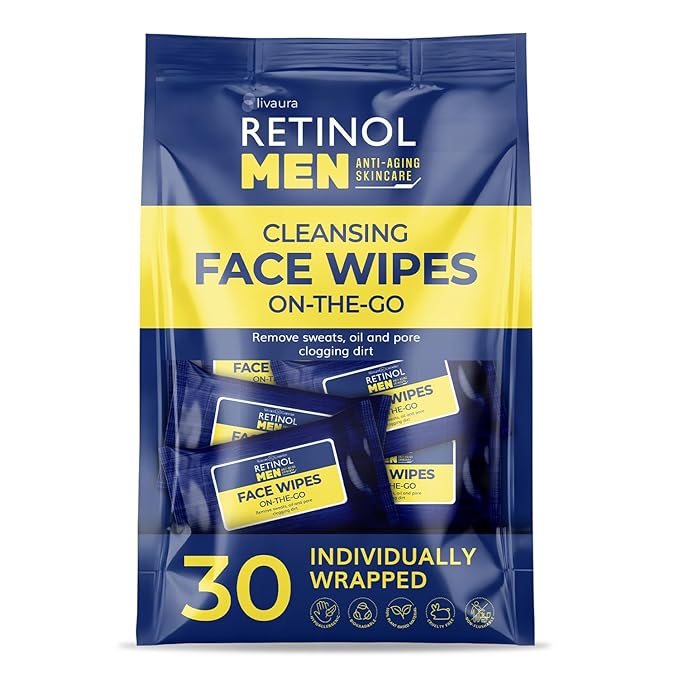LIVAURA Retinol Men’s Individually Wrapped Wipes, Large Face and Body Wet Wipes with Micellar Water and Vitamins A-C-E, 30 Travel Essentials