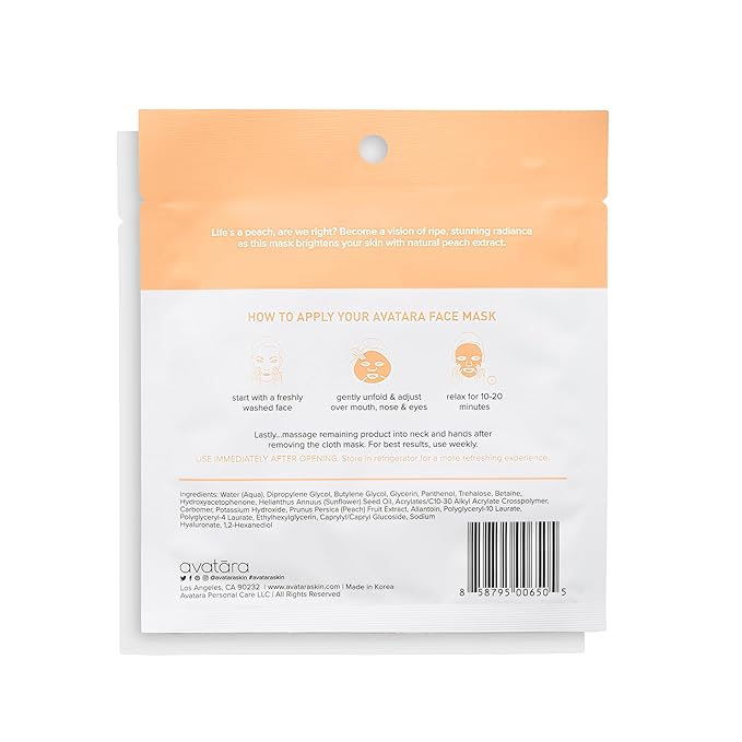 Avatara Juicy Peach Brightening Facial Mask 5 Sheets, Beauty and Skincare Sheet Masks with Peach Extracts, Hyaluronic Acid and Clean Ingredients for Clearer, Brighter Skin With Natural Glow, 5 Pack