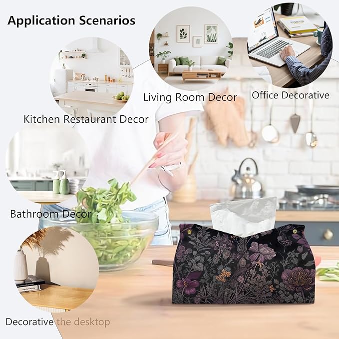 Black Floral Leather Tissue Box Cover Rectangle,Spring Flower Toilet Paper Box Holder,Cottagecore Decorative Facial Paper Case for Farmhouse Living Room Bathroom Kitchen Office,9.8x5.9x5.9