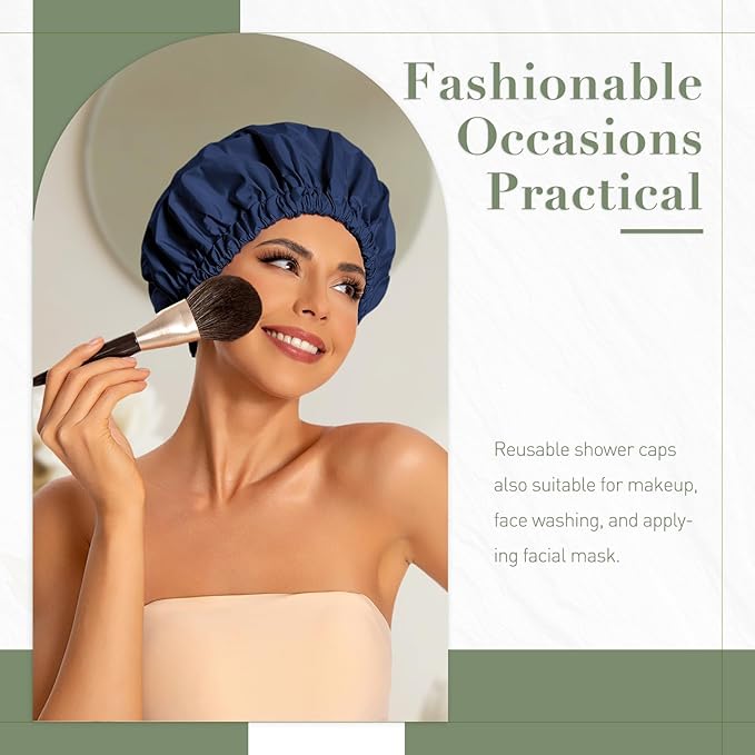 Reusable Shower Cap for Women, Large Waterproof Shower Bonnet Washable Elastic Band Bath Accessories Hair Hat for Long Hair, Braids(Black&Navy)