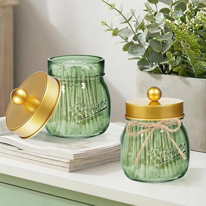 SheeChung Green Glass Qtip Holder Dispenser, Mason Jar Apothecary Jars with Lids, Bathroom Organizers and Storage, Vanity Countertop Canisters Set for Cotton Swab, Ball, Pad, Floss Pick-Gold, 1 Pc