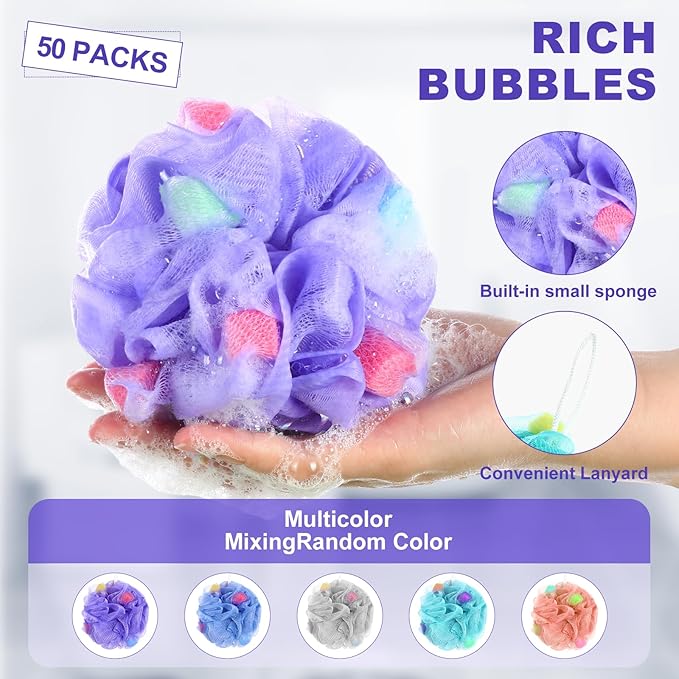 CHENGU 50 Pack Loofah Sponge Bath Sponge Shower Loofah Mesh Shower Ball Bath Pouf Wash Body Puff for Women Men, 30 g (Multicolor,Stylish)