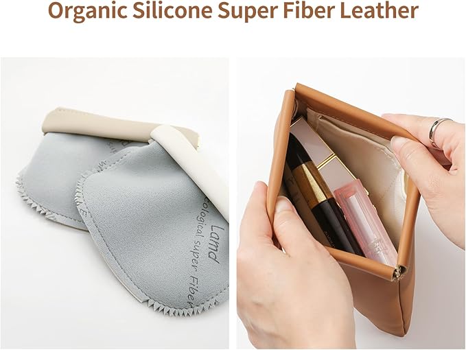 2 Pack Small Makeup Bag for Women, New Organosilicon Super Fiber PU Leather Mini Cosmetic Bag for Travel, Coin Purse Organizer Storage Pouch (Brown)