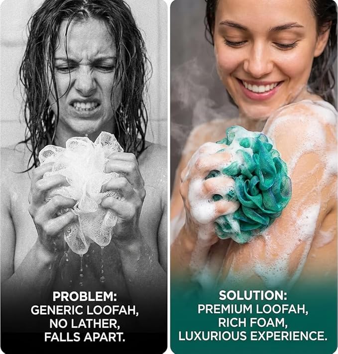 Shower Loofah Sponge Pouf – XL Exfoliating Bath Puff Body Scrubber, Soft Mesh Shower Sponge with Reinforced Knot, Rich Lather, Set of 4 for Women and Men