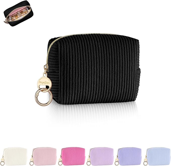 Mini Makeup Bag, Corduroy Small Cosmetic Bag for Purse with Ring Buckle, Portable Travel Makeup Pouch for Lipsticks, Chapsticks, Coin, Earphone, Credit Card (Black)