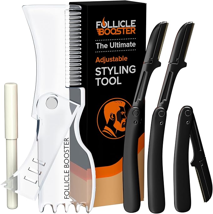 Beard Shaper Kit - Complete Shaping & Styling Tool - Transparent Adjustable Shaper, Razors, Barber Pencil - Beard Stencil Guide Template Outliner Many Styles for Perfect Line Up