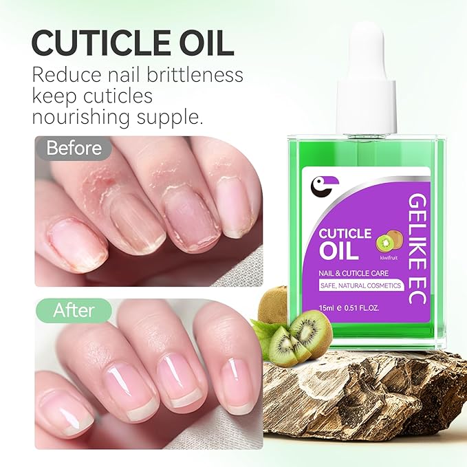 Nail Cuticle Oil for Moisturize and Repair - Gelike EC Easy and Quick Absorb Cuticles Care Treatment - Natural Kiwifruit Smells for Women and Men Dry Damaged Thin Nails