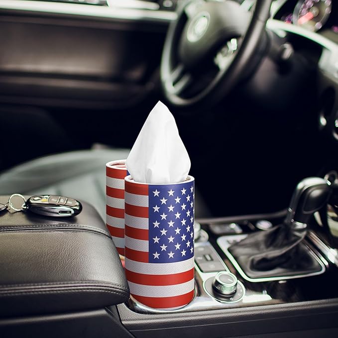 12 Pack 4th of July Flag Tissue Boxes for Car Cylinder Bulk Red Blue White Patriotic Round Cylinder Holder with 3 Ply Facial Tissues for Independence Day Travel Bathroom Office Decoration