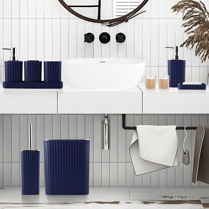 Navy Blue Bathroom Accessories Set - Gorgeous Bathroom Set, 10PC Bathroom Accessory Set, Toilet Brush, Trash Can, Qtip Holder & Soap Dispenser